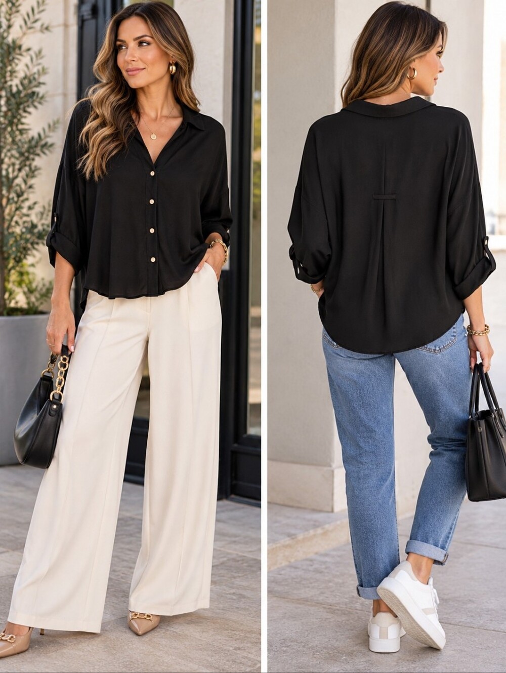 Alexander Jordan Black Oversized Button Front Shirt Flowy Top Sz L